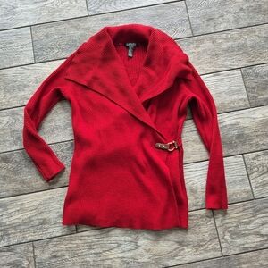 Lauren Ralph Lauren Red Ribbed Knit Wrap Sweater Medium Gold Buckle Shawl Collar